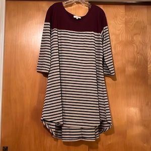 Blue striped dress with red solid shoulders